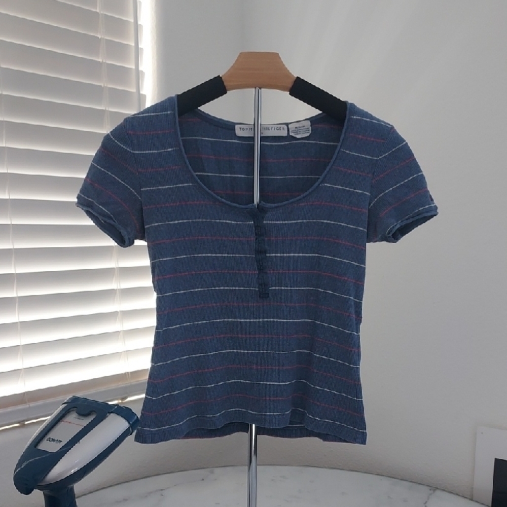 Tommy Hilfiger Blue Fitted Buttoned Short Sleeve Tee